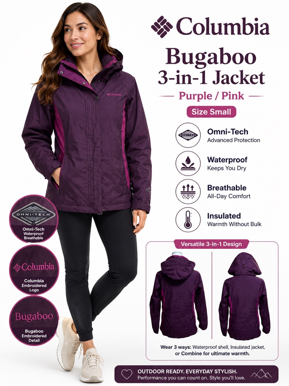 Columbia Bugaboo 3-in-1 Omni-Tech Purple Pink Jacket Women’s Small
